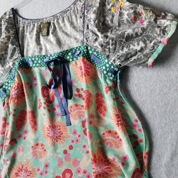 Anthropologie Fei Flores Silk Feminine Boho Peasant Embroidered Y2K Blouse Sz 14 - Picture 5 of 12